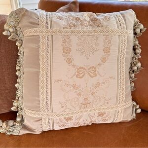 French Country Victorian Baroque Satin Throw Pillow Embroidered Beige Tassels